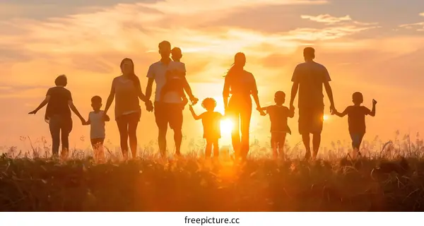 A group of people walking in a field at sunset