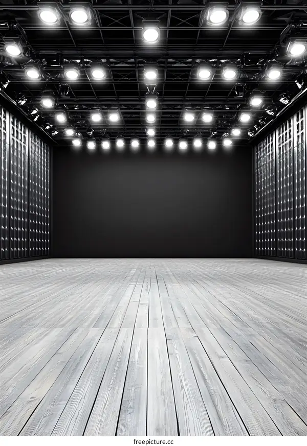 Empty Stage with Spotlights and Wood Floor