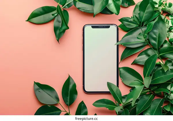 Green Leaves Surrounding A Smartphone On Pink Background