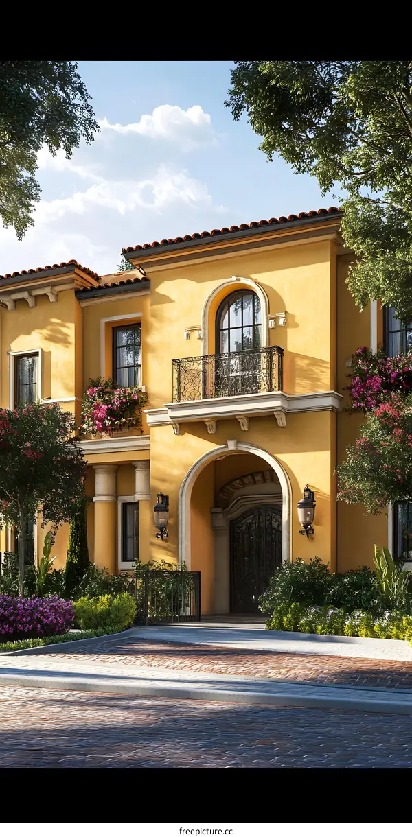 Yellow Mediterranean Style House with Balcony and Landscaping