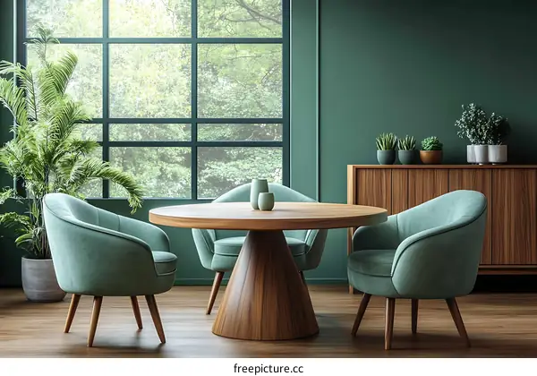 Modern Dining Room with Teal Furniture and Big Window