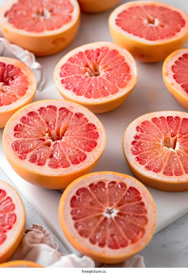 Freshly Cut Pink Grapefruit Halves on White Countertop