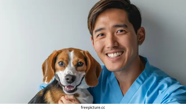 Asian veterinarian smiling with a beagle dog