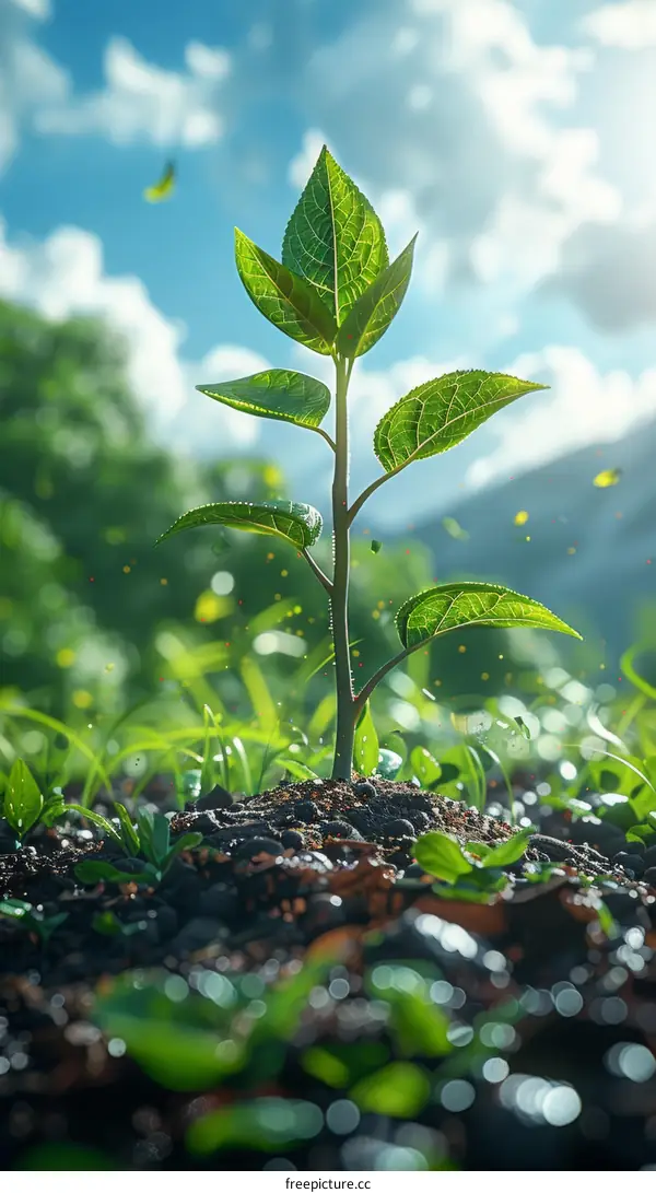 Green sprout growing from the soil towards the sunlight