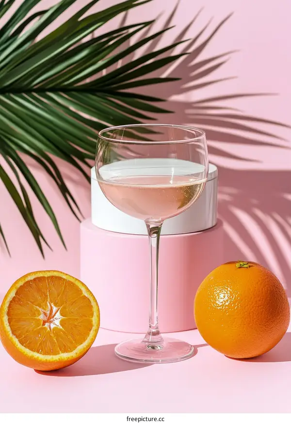 Pink Drink with Oranges and Palm Leaves on Pink Background