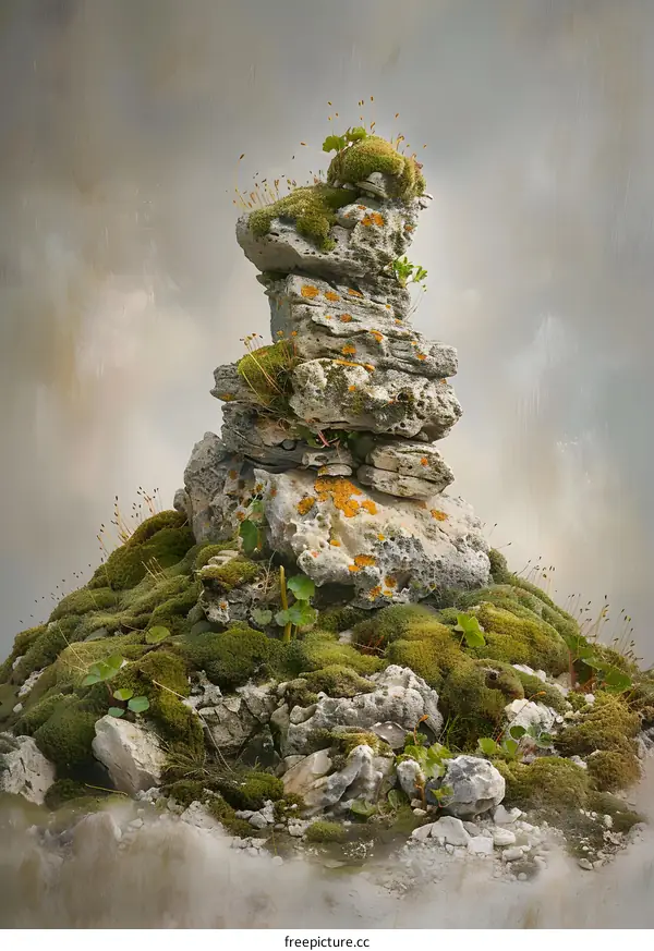Stack of Stones Covered in Moss