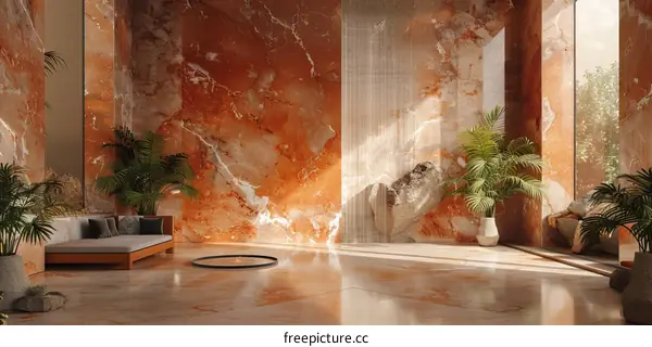 Minimalist Interior Design with Orange Marble Walls and Green Plants