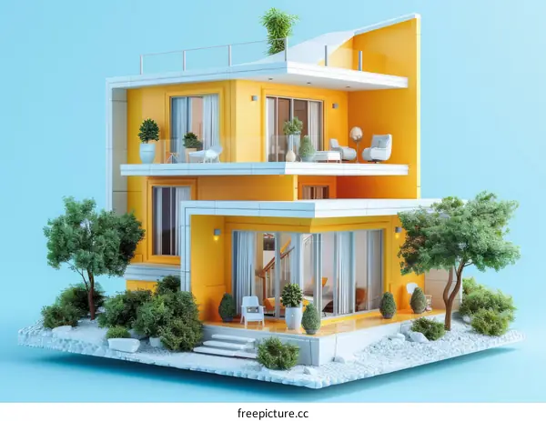 Modern Yellow House with Large Windows and Greenery