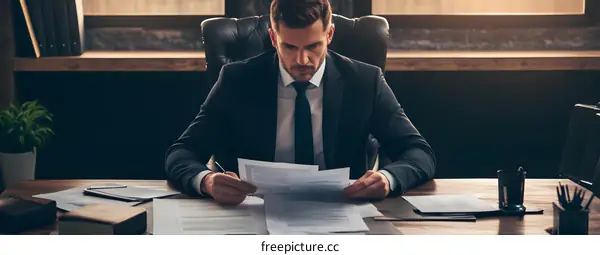 Businessman Reading Documents in Office