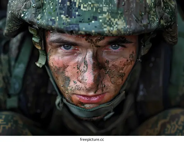 Portrait of a young soldier with blue eyes and a camouflage helmet