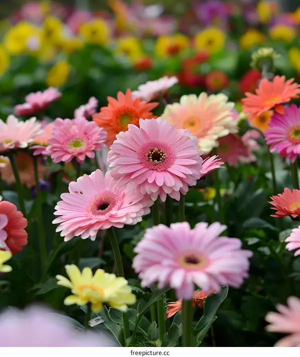 Close Up Pink Gerbera Daisy Flowers in a Garden