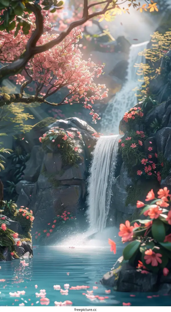 Enchanting Waterfall in a Vibrant Pink Flower Forest