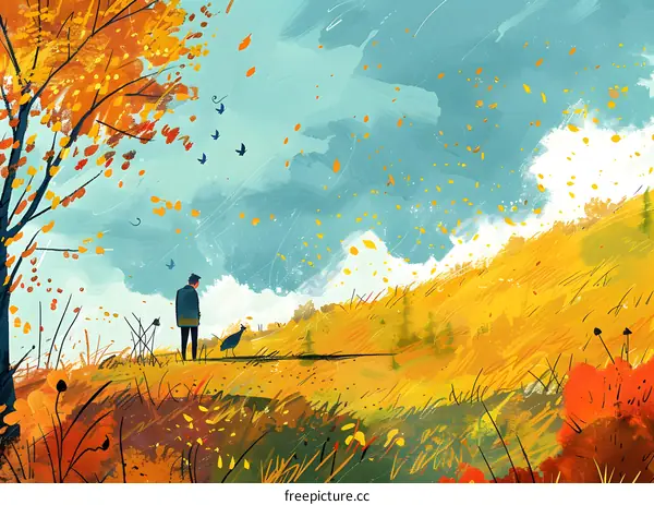 Autumn Landscape with a Man and a Bird