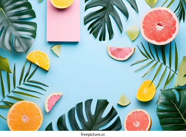 Tropical Fruits and Green Leaves on Blue Background
