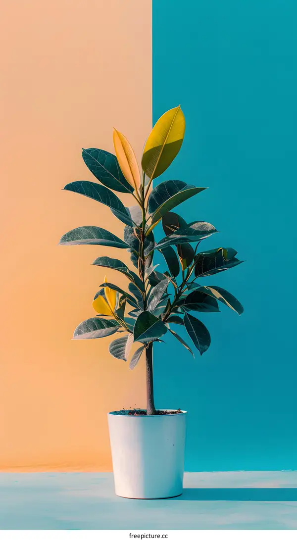 Minimalist Plant in a White Pot Against a Blue and Orange Background