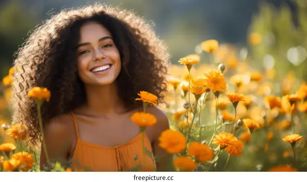 Portrait of a smiling young woman standing in a field of orange flowers