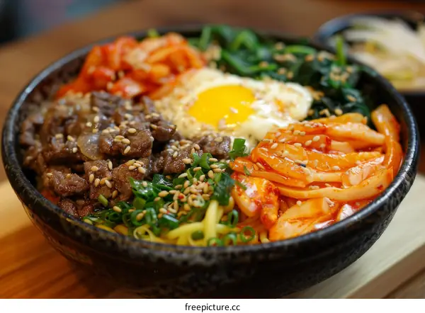 Korean Bibimbap: A Colorful Rice Bowl with Beef, Kimchi, and Vegetables