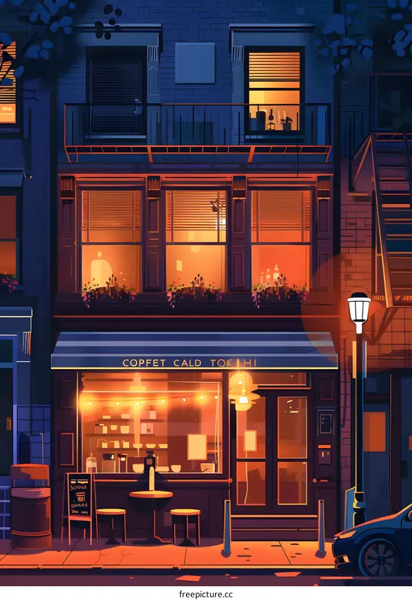 Nighttime Illustration of a Cafe with Lights On