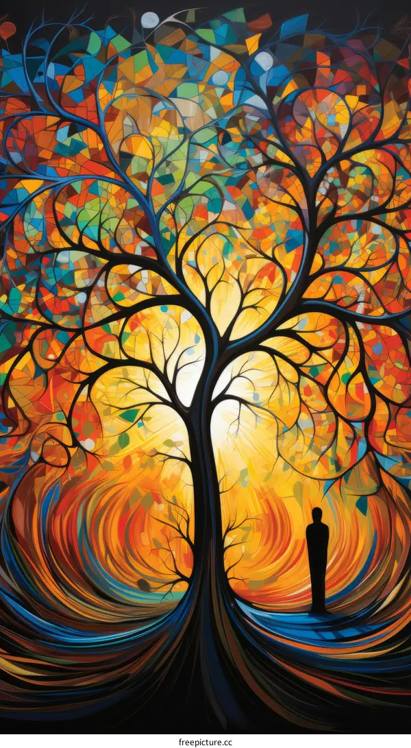 A person standing in front of a colorful tree with a starry night sky