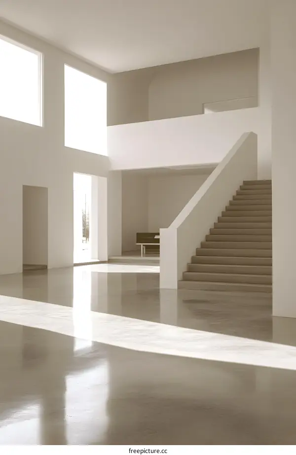Modern Minimalist Interior Design With Staircase And Large Windows