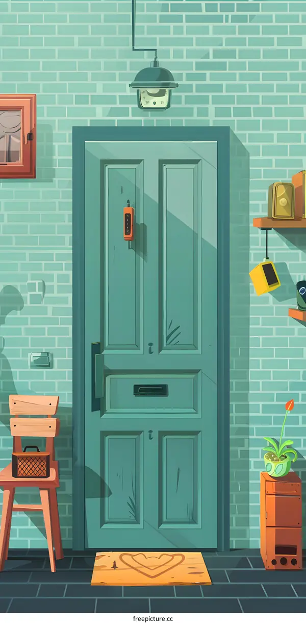 Green Door with Heart Shaped Doormat Illustration