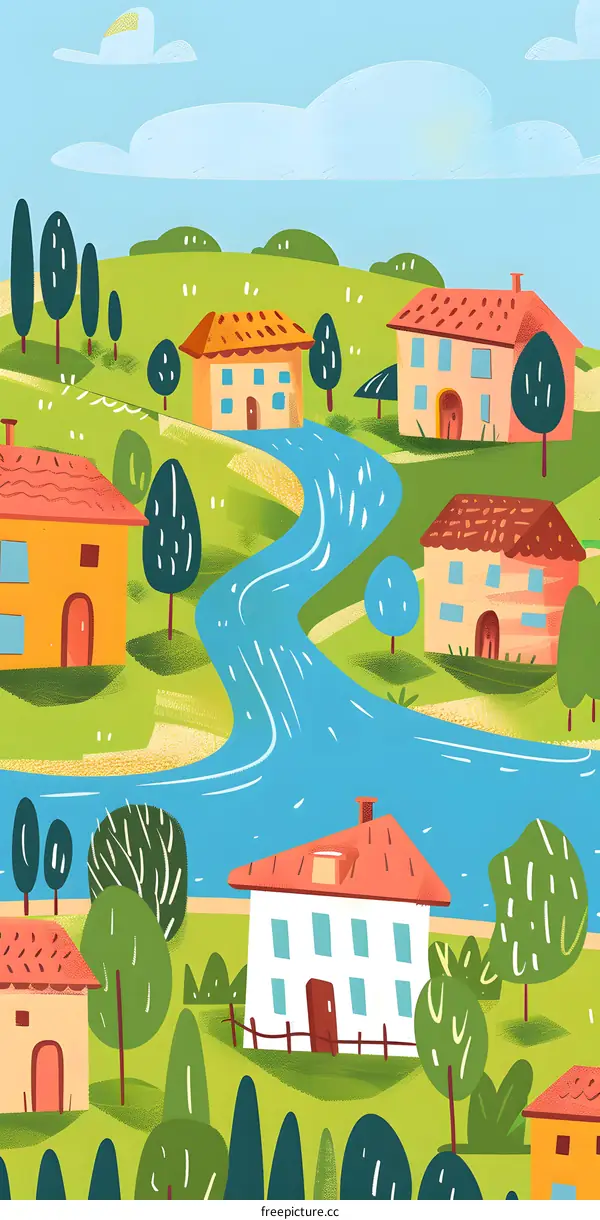 Cartoon Illustration of a Village with Houses and a Winding River
