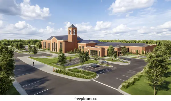 Modern Church Building with Bell Tower and Parking Lot