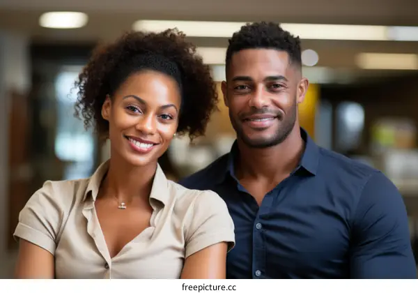 Smiling man and woman with afro hair
