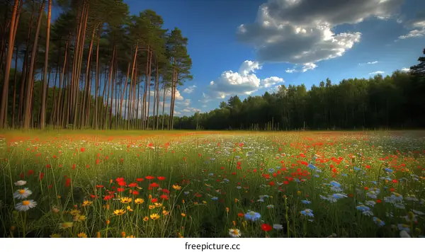 Field of flowers with pine trees in the background