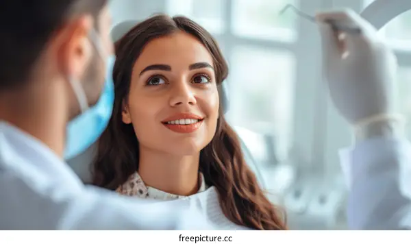 Smiling woman having her teeth examined by a dentist