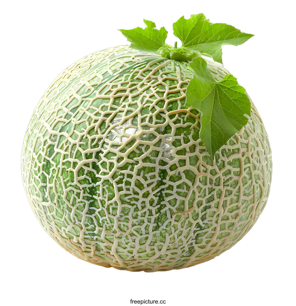 [Transparent Background PNG]A green melon with leaves on a white background