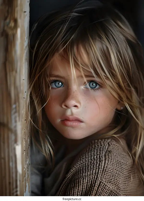 Portrait of a young girl with blue eyes and freckles