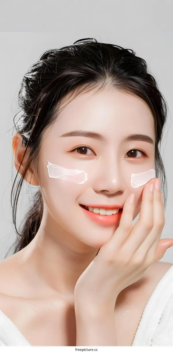 Beautiful Asian Woman Applying Face Cream, Smiling