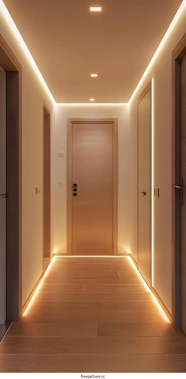 Modern Hallway With Wooden Floor And LED Lighting
