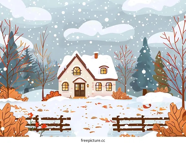 Snowy Winter Landscape with Cozy House and Falling Snow