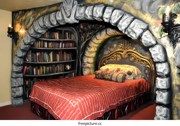 Stone Archway Bedroom with Bookshelf and Red Bedspread
