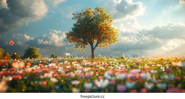 A Serene Landscape of Blooming Fields and a Solitary Tree