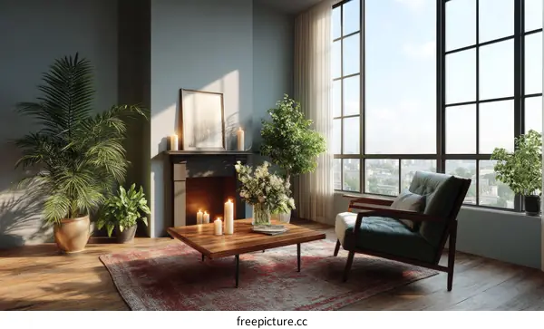 Modern Living Room with Large Windows and Plants