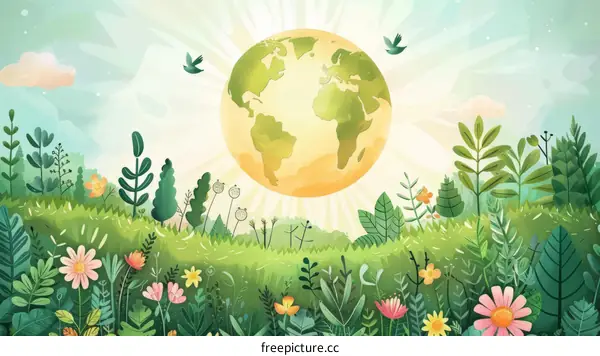 Green Earth Surrounded by Plants and Flowers