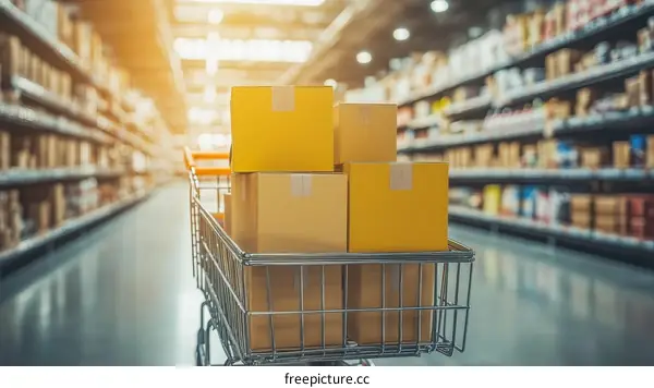 Shopping Cart Full of Cardboard Boxes in Grocery Store