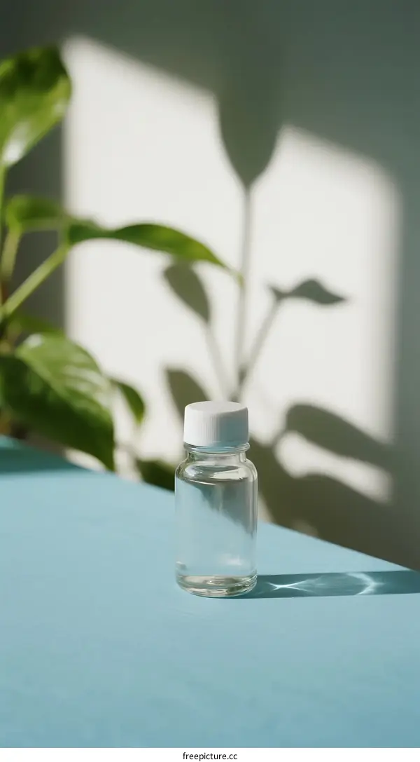Clear glass bottle with white cap on blue surface near green plant