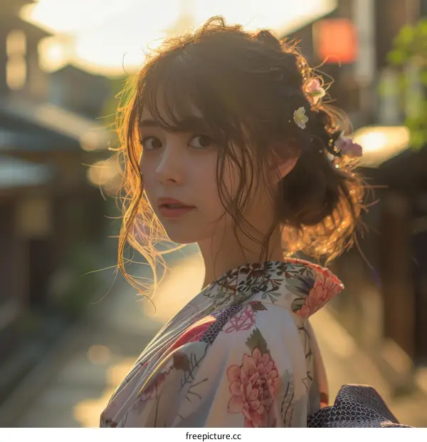 Asian Woman in Kimono at Sunset