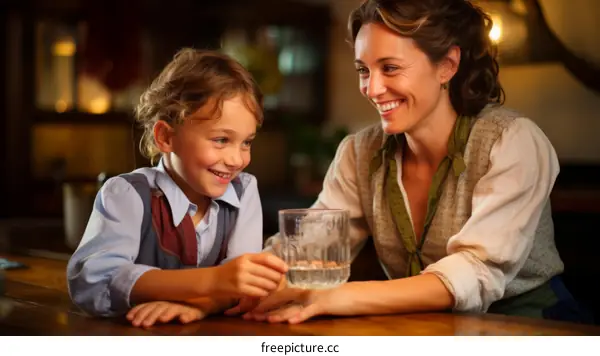 Happy mother and son in a bar