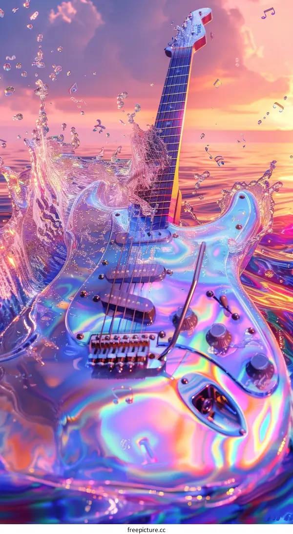 A psychedelic guitar emerges from the water with a sunset sky in the background