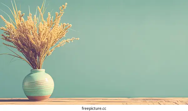 Dried Flowers in Vase On Wooden Tabletop With Green Wall Background