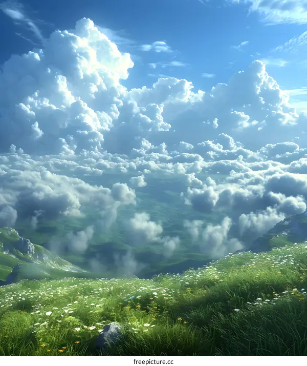 Green rolling hills and blue sky with clouds