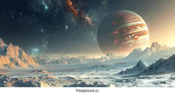 The icy moon Europa and Jupiter in the distance