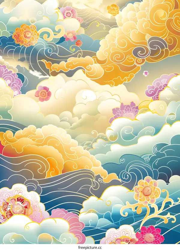 Abstract Clouds and Flowers in Japanese Style