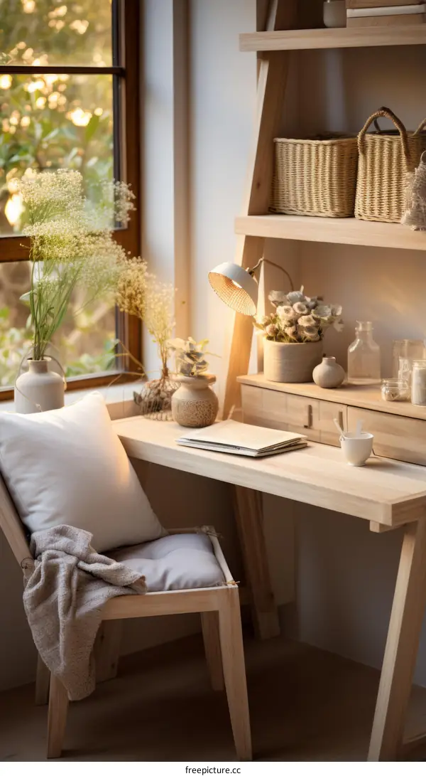 A cozy home office with a large window, a desk, a chair, and a throw blanket.