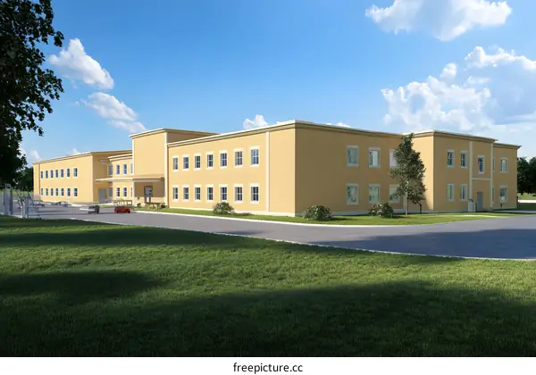 Modern Yellow Building with Green Grass and Blue Sky